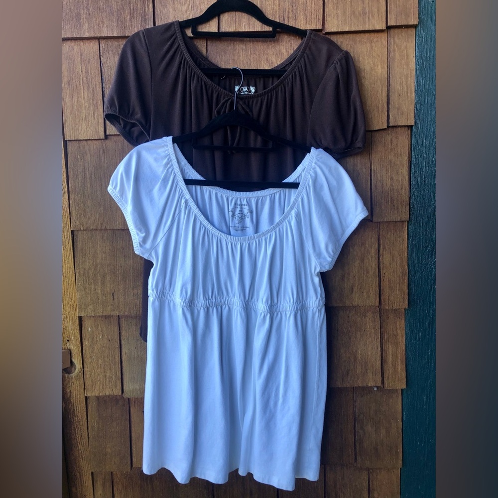 2-Tops White Babydoll Elastic Short Sleeves Cotton Size PM Brown Top Size Med